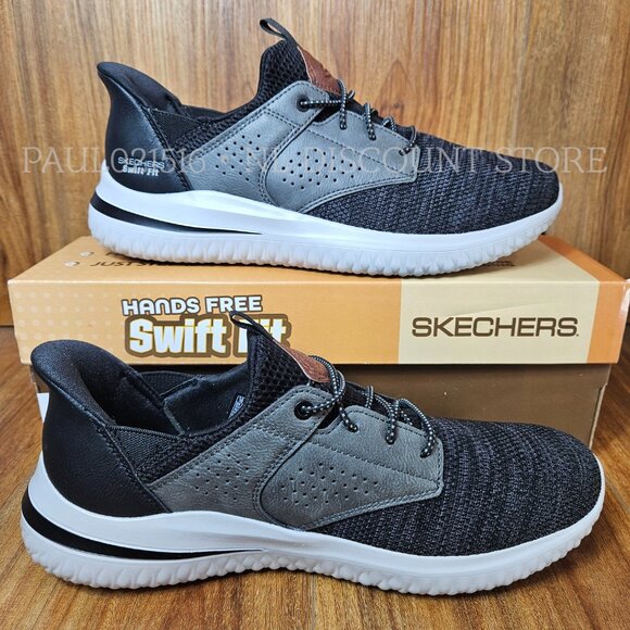 SKECHERS Men\'s Delson Hands Free Swift Fit Tennis Sneakers Shoes, Black main image 4